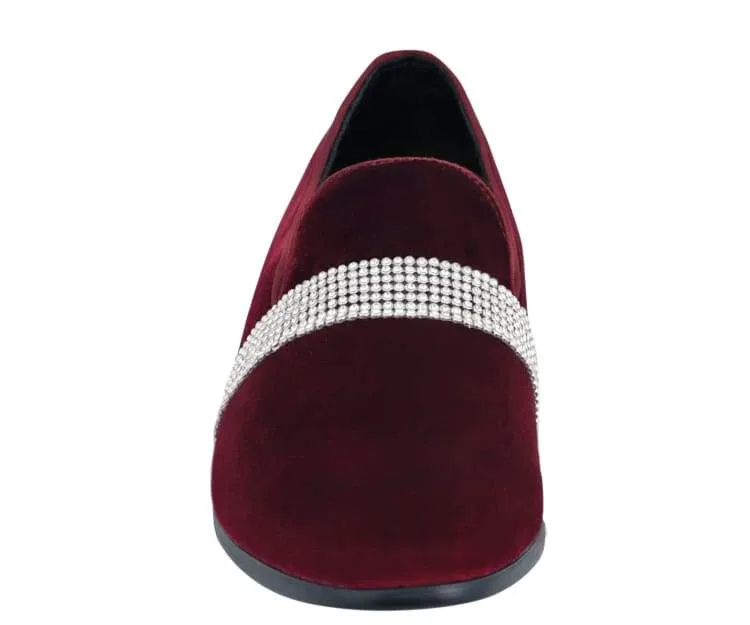 Amali Monarch Dazzling Burgundy Rhinestone Loafers Men's Velvet
