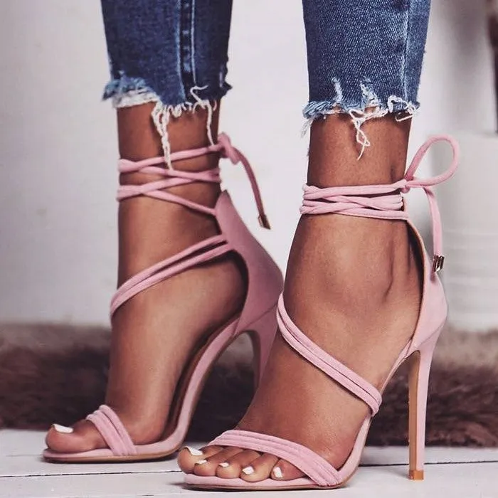 Ankle Lace Up Simple Open Toe Stiletto High Heel Sandals