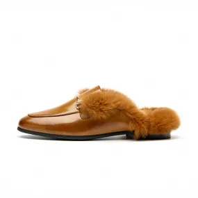 BeauToday Backless Rabbit Fur Lined Metral Trim Mule Loafers for Women