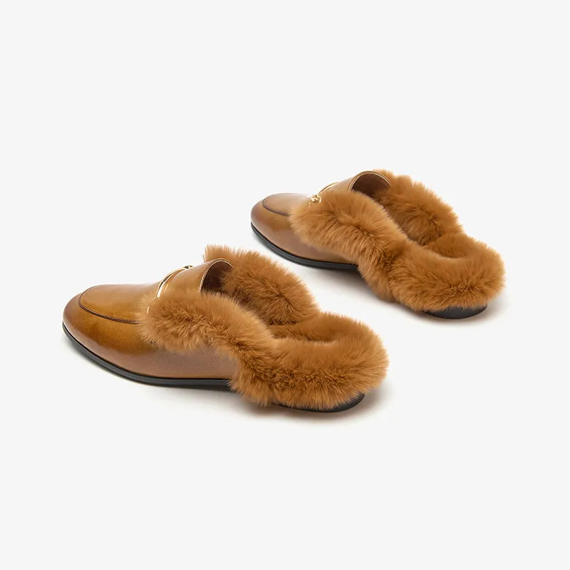BeauToday Backless Rabbit Fur Lined Metral Trim Mule Loafers for Women
