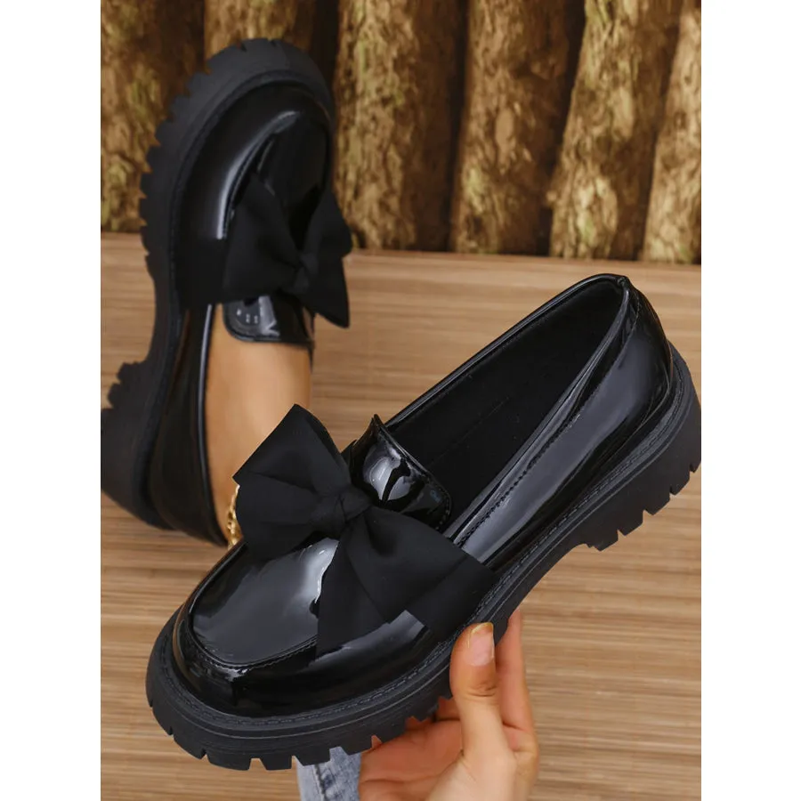 Bow PU Leather Round Toe Loafers