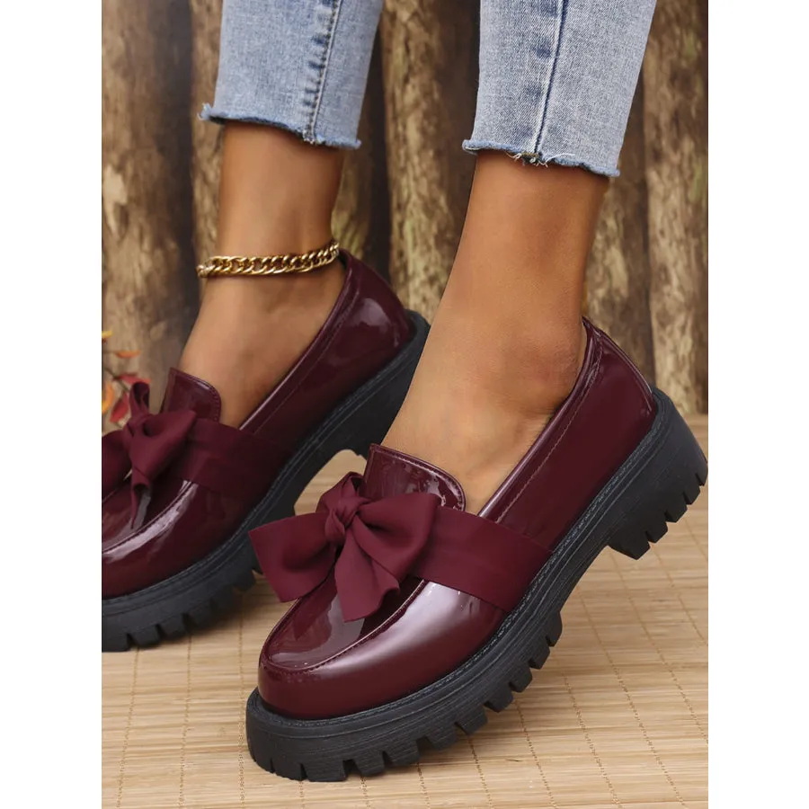 Bow PU Leather Round Toe Loafers