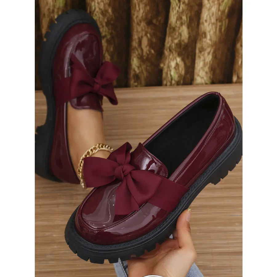 Bow PU Leather Round Toe Loafers