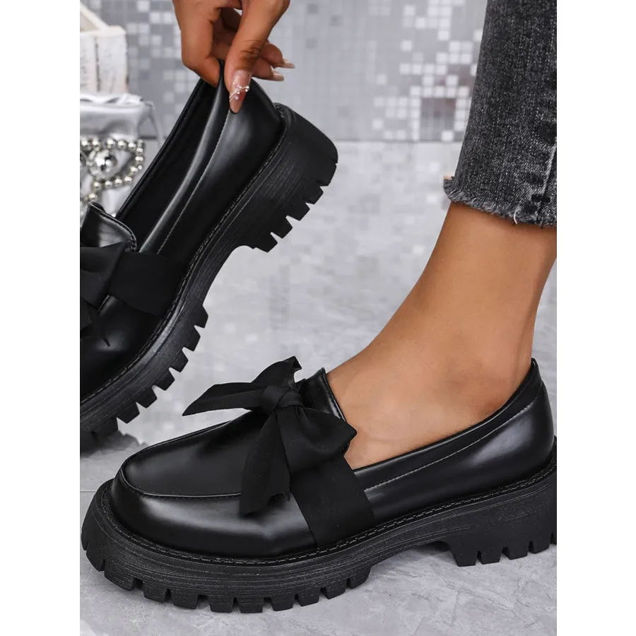 Bow PU Leather Round Toe Loafers