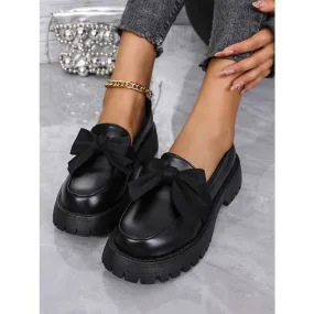 Bow PU Leather Round Toe Loafers