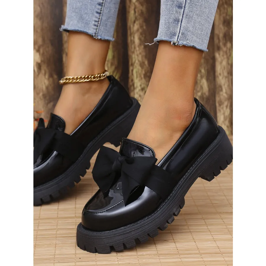 Bow PU Leather Round Toe Loafers