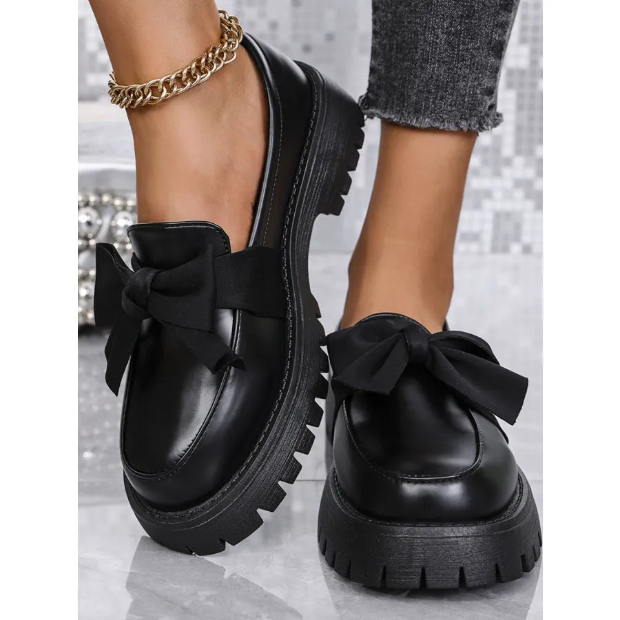 Bow PU Leather Round Toe Loafers