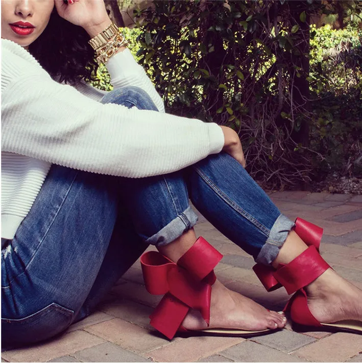 Bowknot Clip Toe Ankle Strap Simple Low Heel Flat Sandals