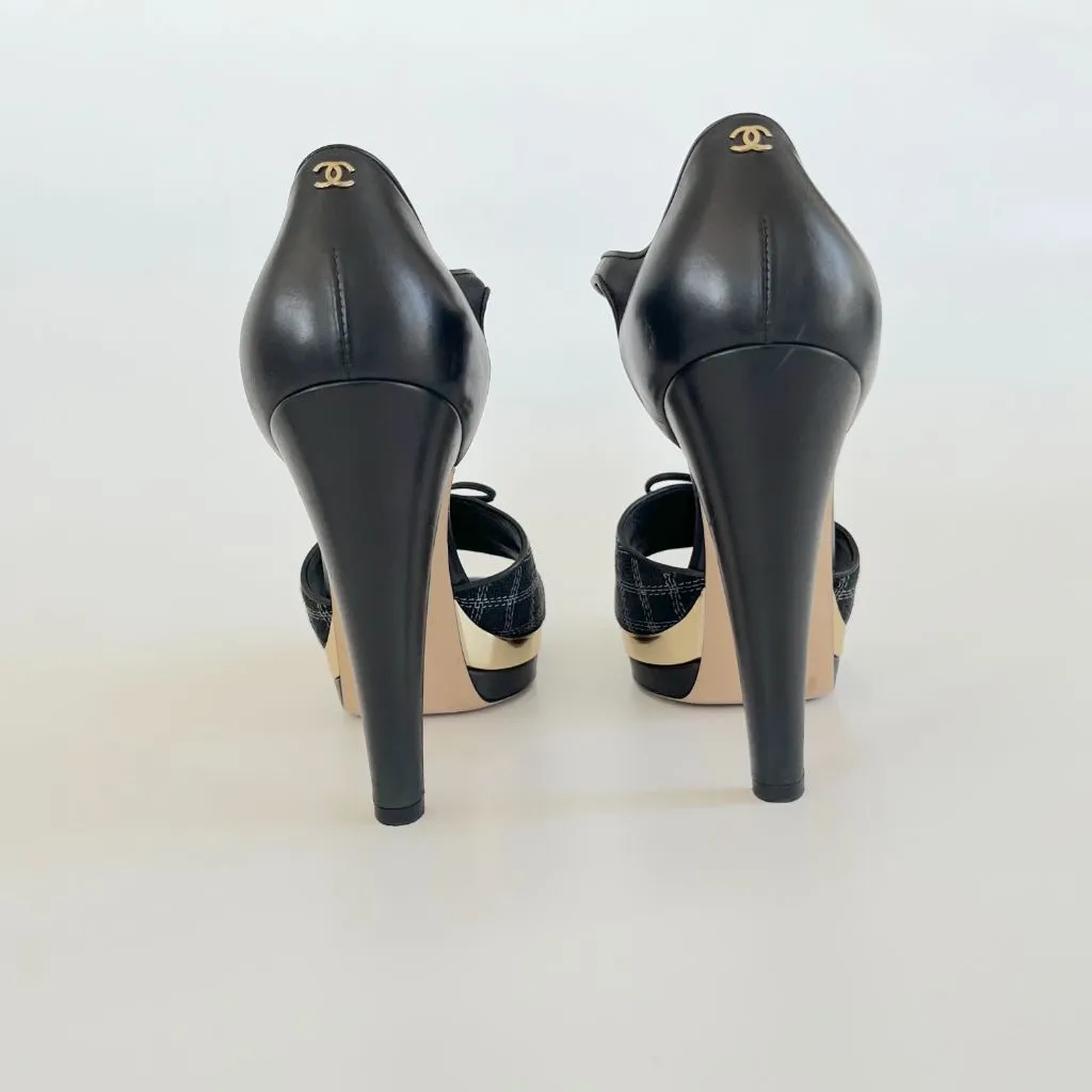 Chanel Black Checkered Embroidered Canvas Peep Toe Platform Slingback, 40.5 C