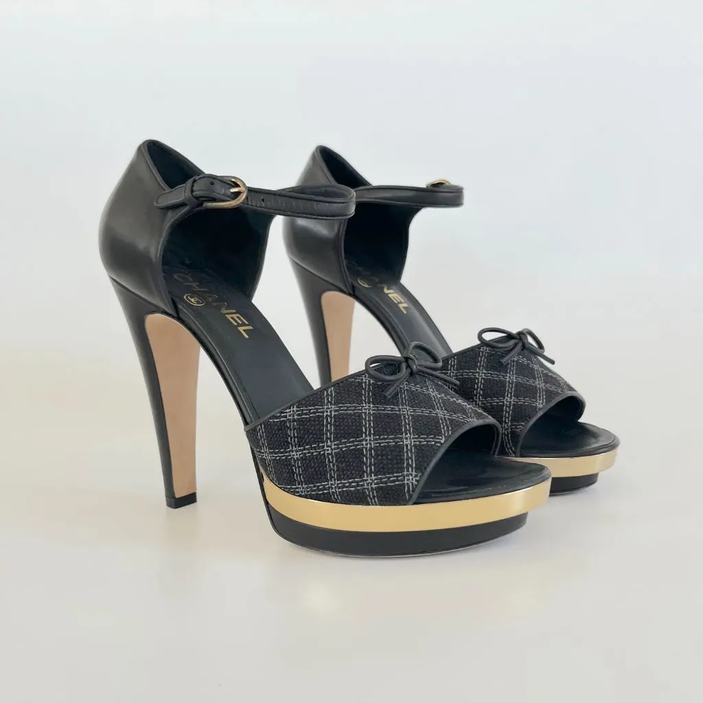 Chanel Black Checkered Embroidered Canvas Peep Toe Platform Slingback, 40.5 C