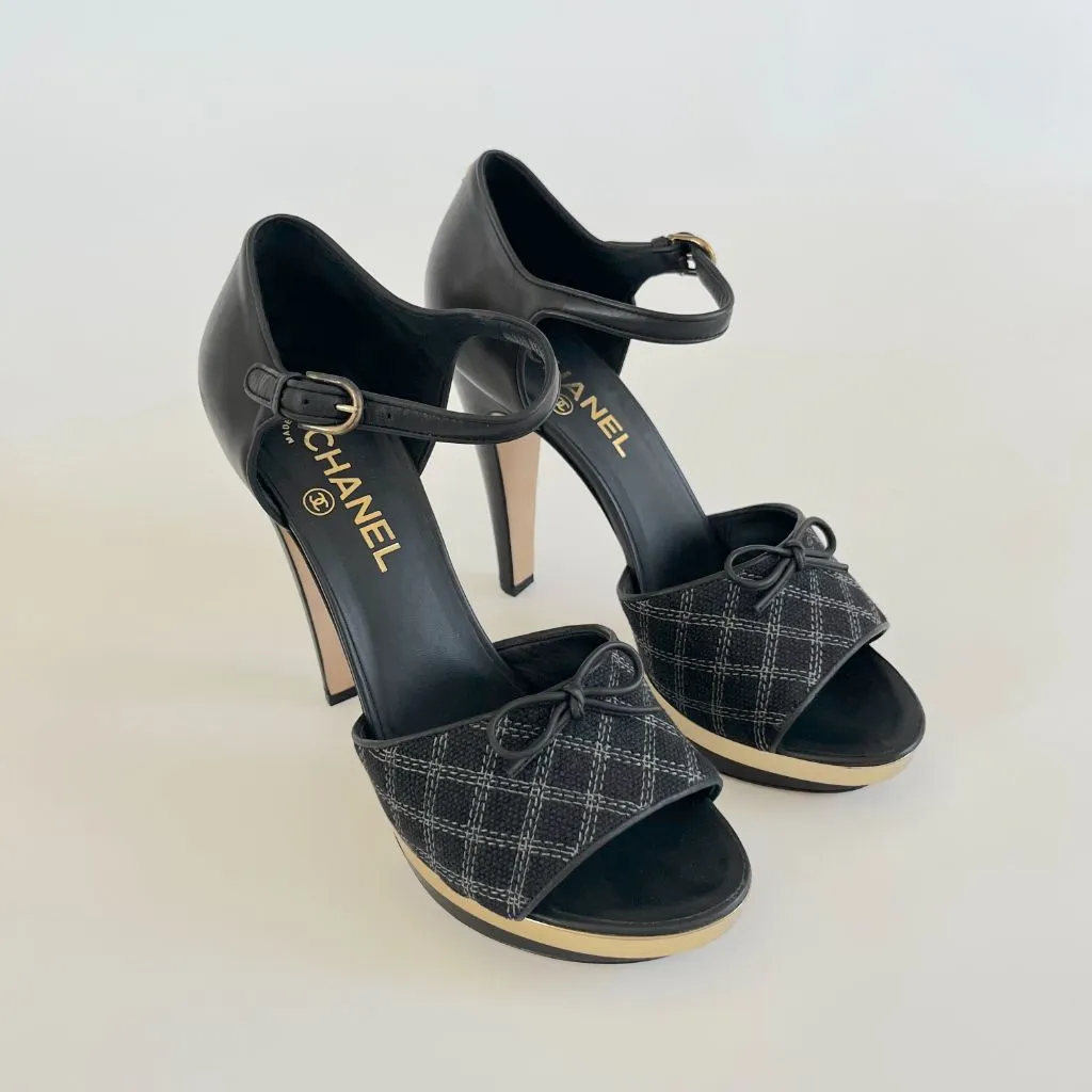 Chanel Black Checkered Embroidered Canvas Peep Toe Platform Slingback, 40.5 C