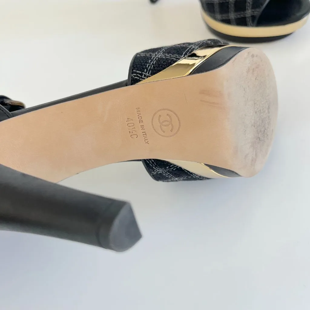 Chanel Black Checkered Embroidered Canvas Peep Toe Platform Slingback, 40.5 C
