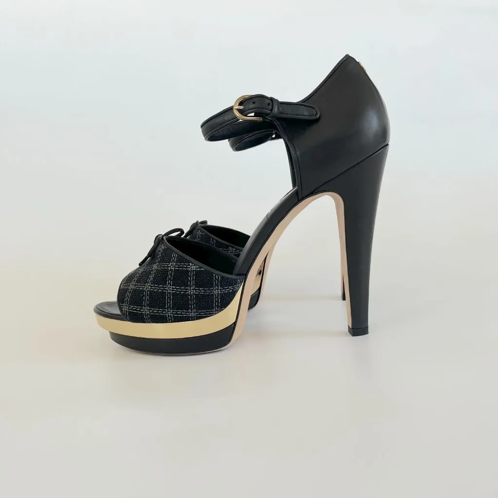 Chanel Black Checkered Embroidered Canvas Peep Toe Platform Slingback, 40.5 C