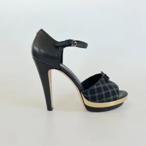 Chanel Black Checkered Embroidered Canvas Peep Toe Platform Slingback, 40.5 C