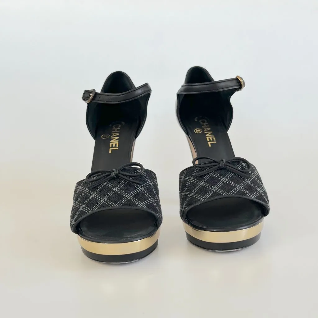 Chanel Black Checkered Embroidered Canvas Peep Toe Platform Slingback, 40.5 C
