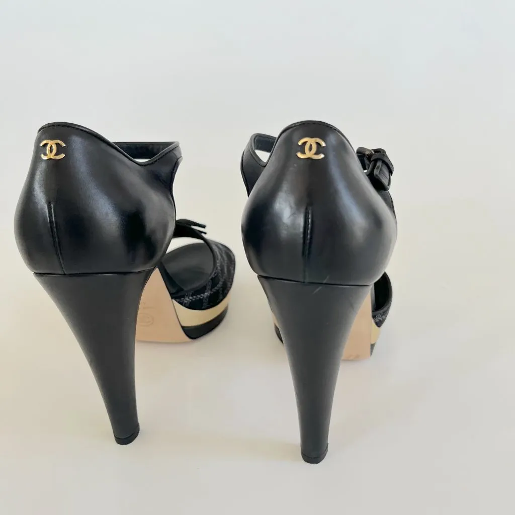 Chanel Black Checkered Embroidered Canvas Peep Toe Platform Slingback, 40.5 C