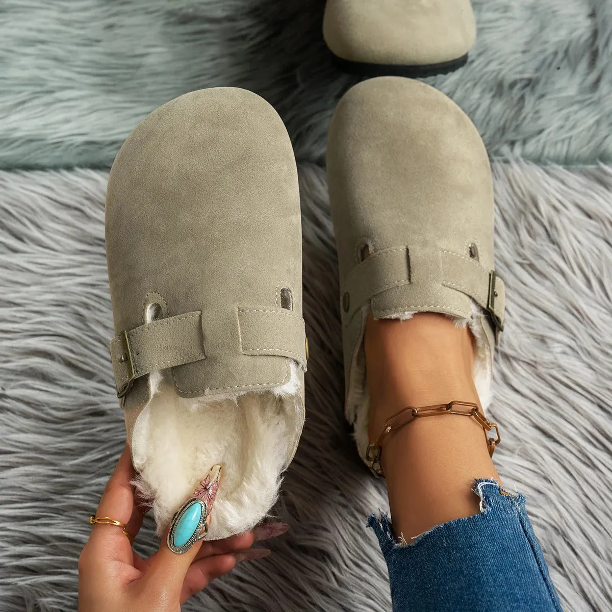 Comwarm Fur Lined Clogs for Women Men Winter Fuzzy Cork Slippers Fur Cork Mules Short Plush House Cork Shoes Winter Zuecos Mujer