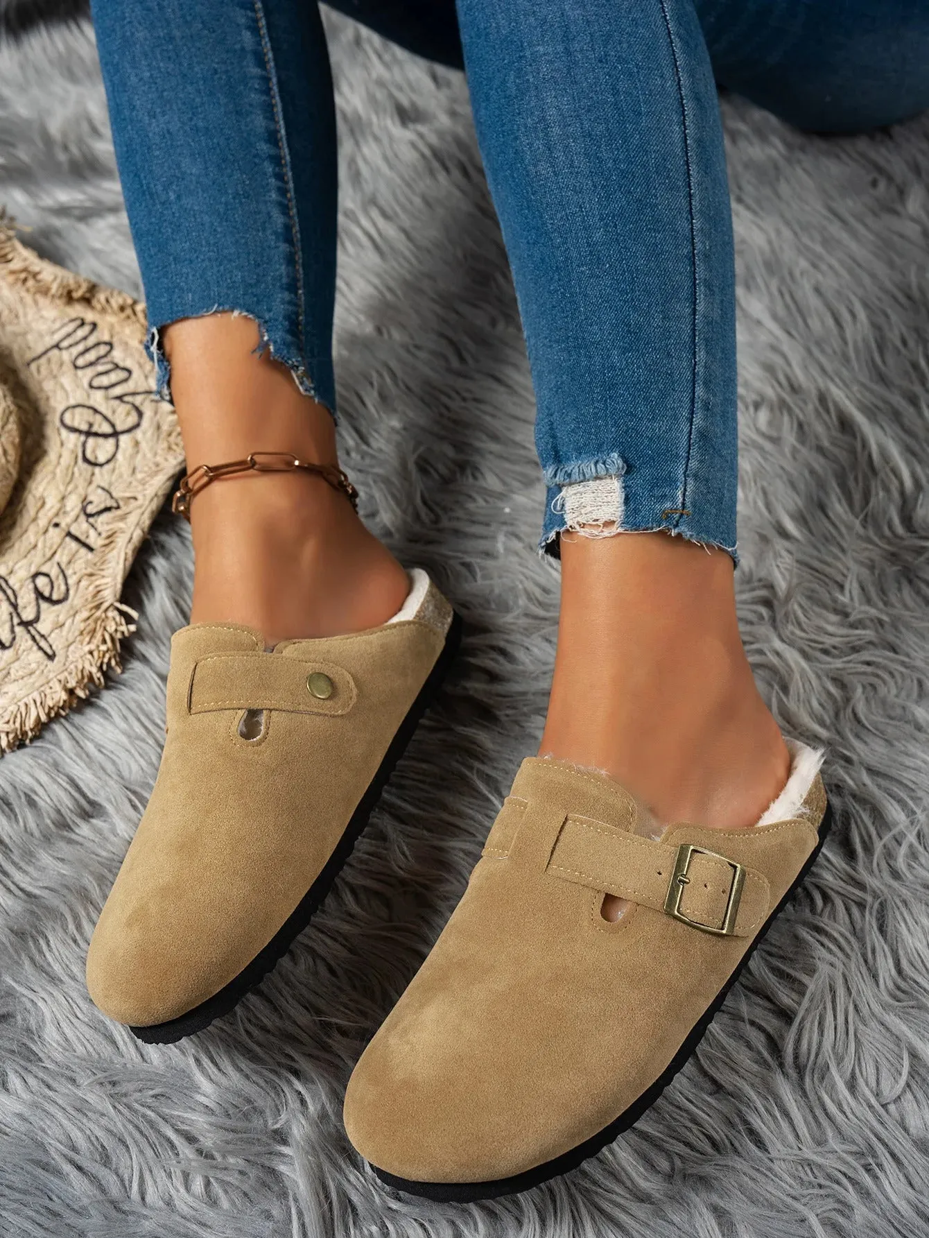Comwarm Fur Lined Clogs for Women Men Winter Fuzzy Cork Slippers Fur Cork Mules Short Plush House Cork Shoes Winter Zuecos Mujer