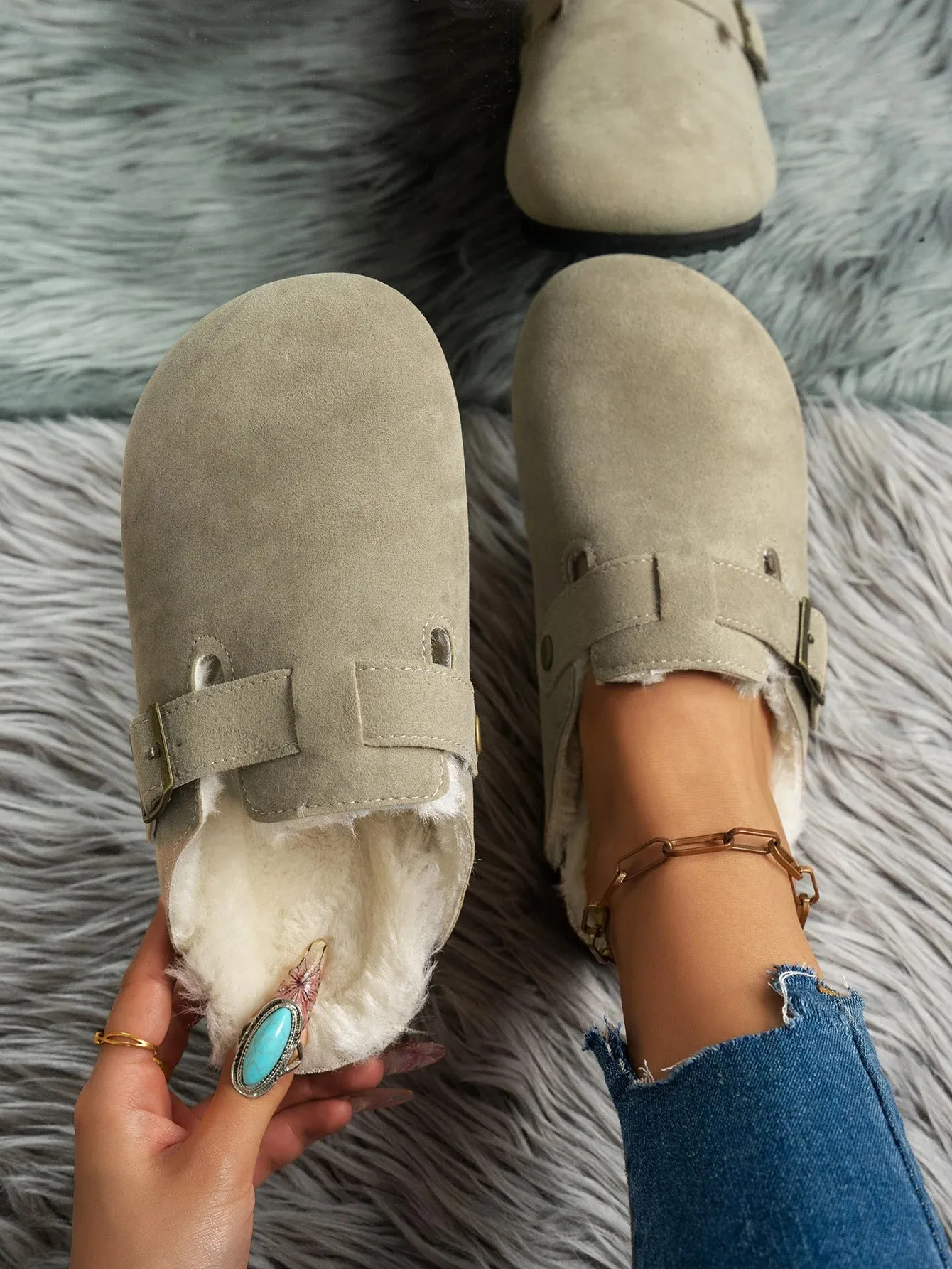 Comwarm Fur Lined Clogs for Women Men Winter Fuzzy Cork Slippers Fur Cork Mules Short Plush House Cork Shoes Winter Zuecos Mujer