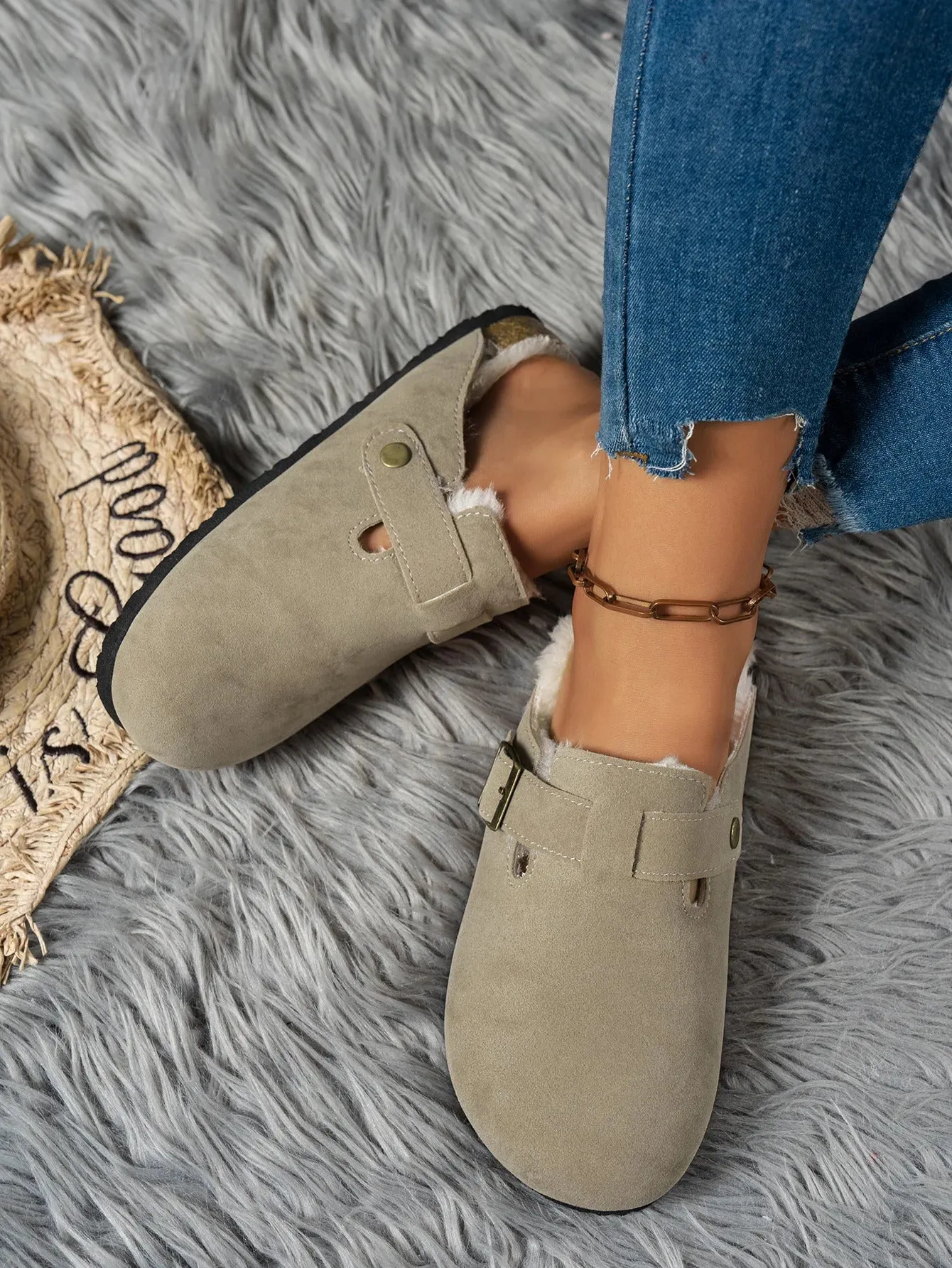 Comwarm Fur Lined Clogs for Women Men Winter Fuzzy Cork Slippers Fur Cork Mules Short Plush House Cork Shoes Winter Zuecos Mujer