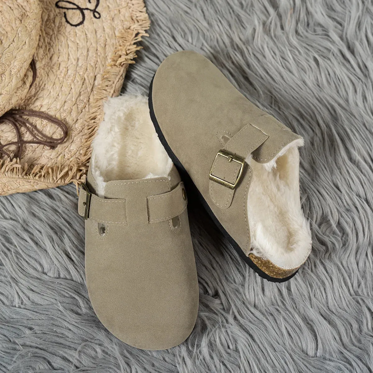 Comwarm Fur Lined Clogs for Women Men Winter Fuzzy Cork Slippers Fur Cork Mules Short Plush House Cork Shoes Winter Zuecos Mujer