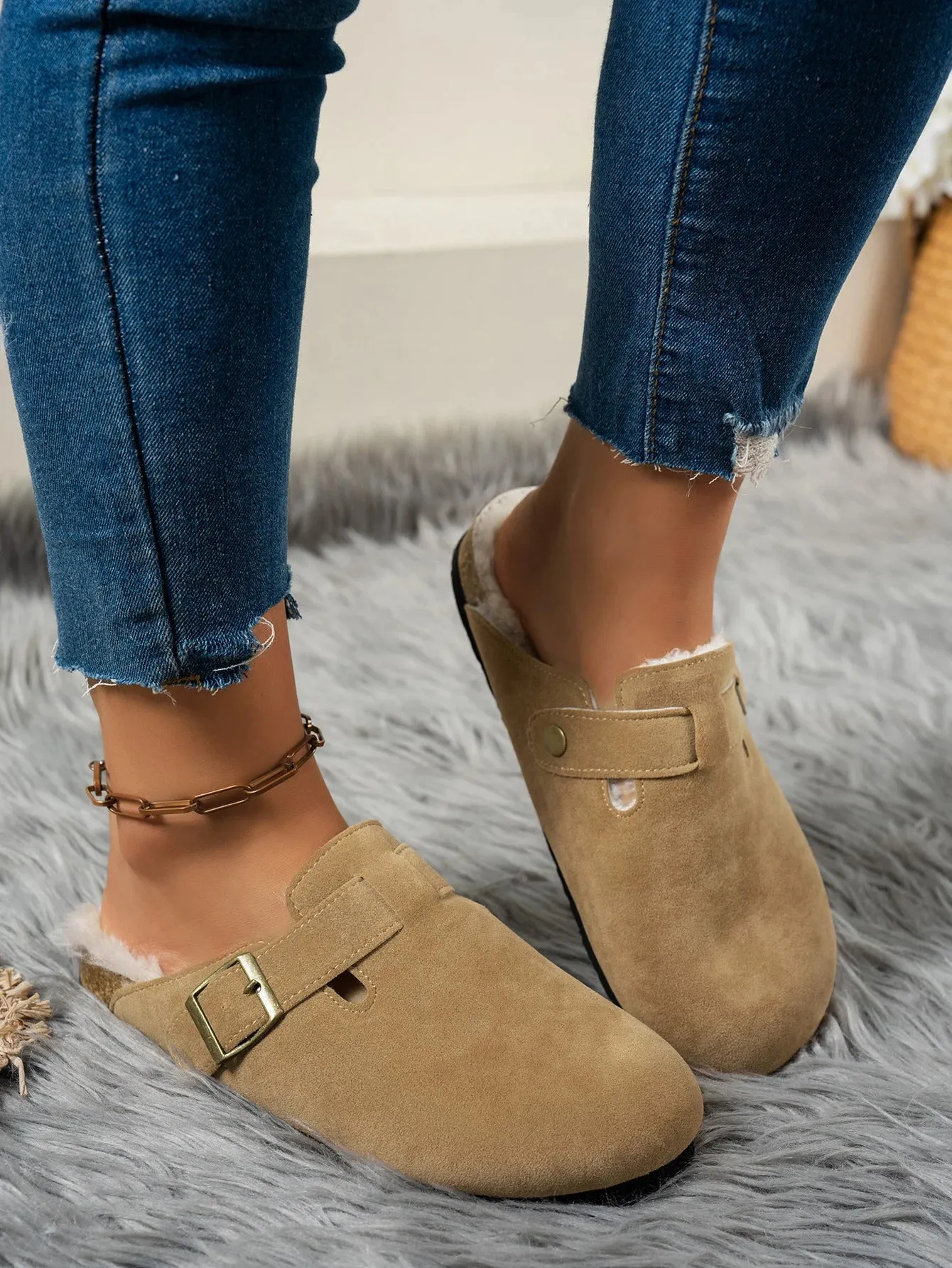 Comwarm Fur Lined Clogs for Women Men Winter Fuzzy Cork Slippers Fur Cork Mules Short Plush House Cork Shoes Winter Zuecos Mujer