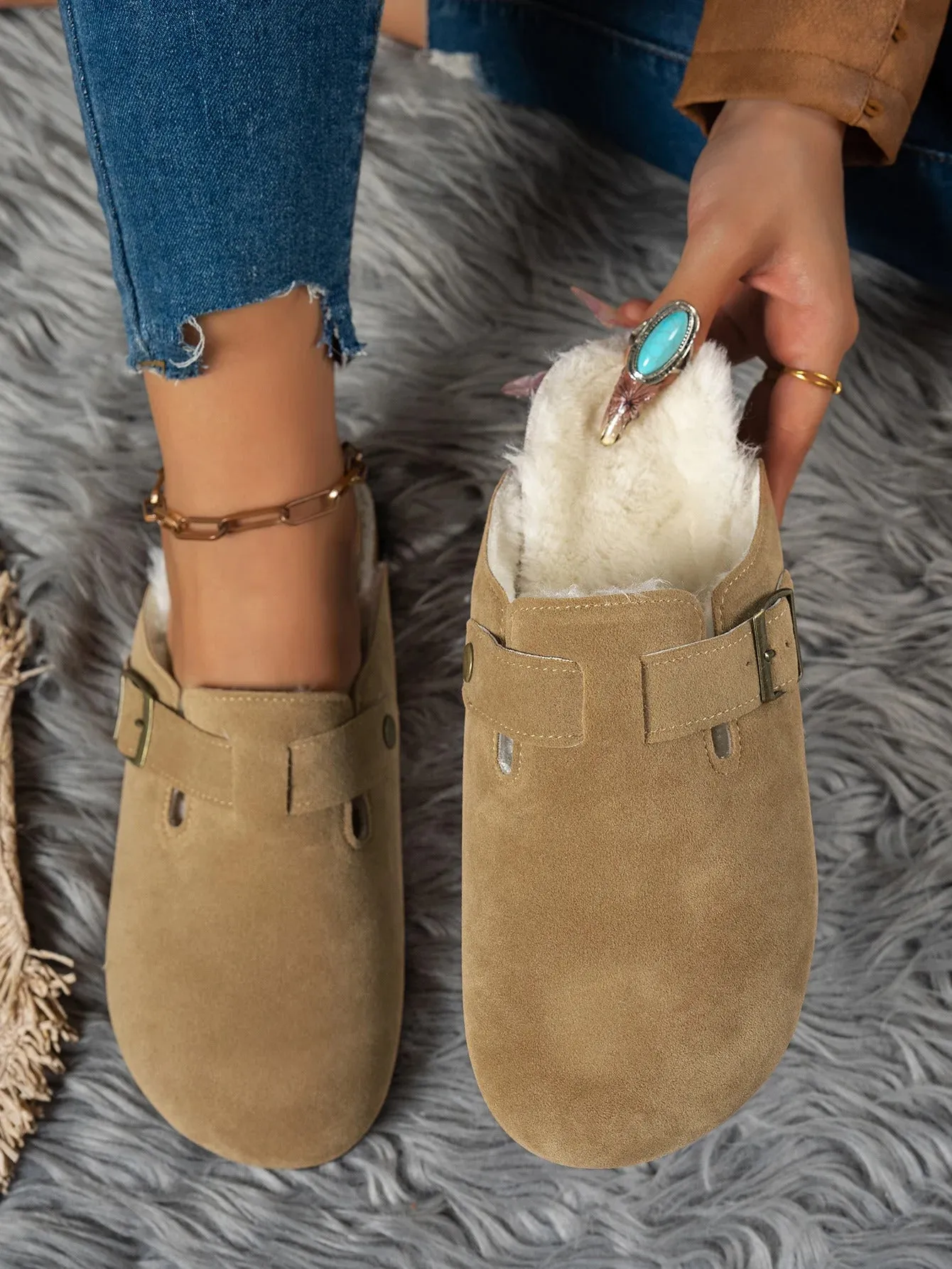 Comwarm Fur Lined Clogs for Women Men Winter Fuzzy Cork Slippers Fur Cork Mules Short Plush House Cork Shoes Winter Zuecos Mujer