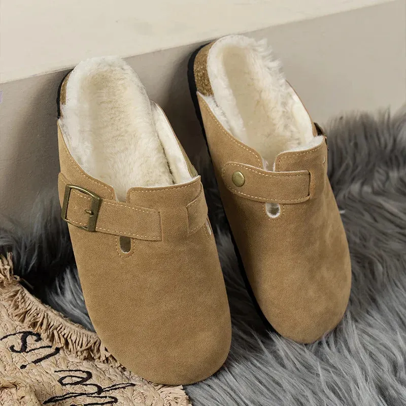 Comwarm Fur Lined Clogs for Women Men Winter Fuzzy Cork Slippers Fur Cork Mules Short Plush House Cork Shoes Winter Zuecos Mujer