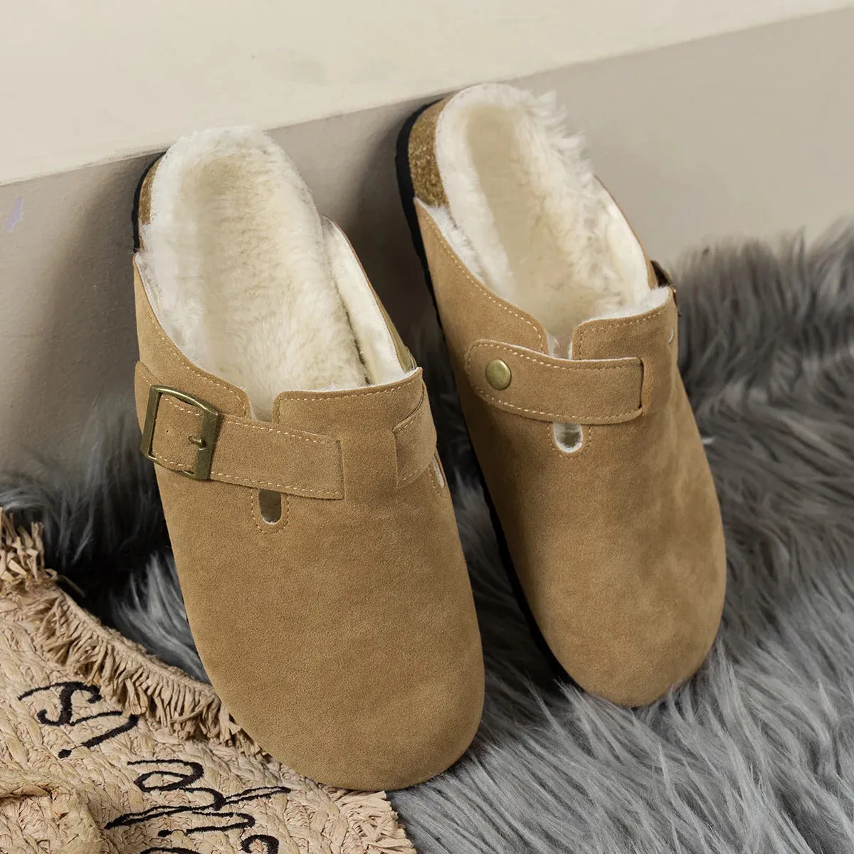 Comwarm Fur Lined Clogs for Women Men Winter Fuzzy Cork Slippers Fur Cork Mules Short Plush House Cork Shoes Winter Zuecos Mujer