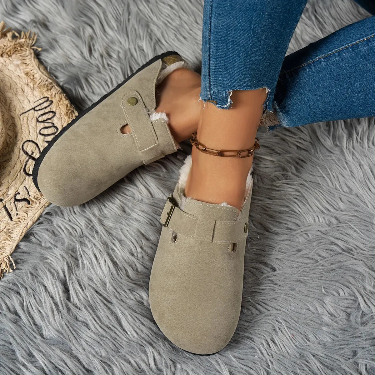 Comwarm Fur Lined Clogs for Women Men Winter Fuzzy Cork Slippers Fur Cork Mules Short Plush House Cork Shoes Winter Zuecos Mujer