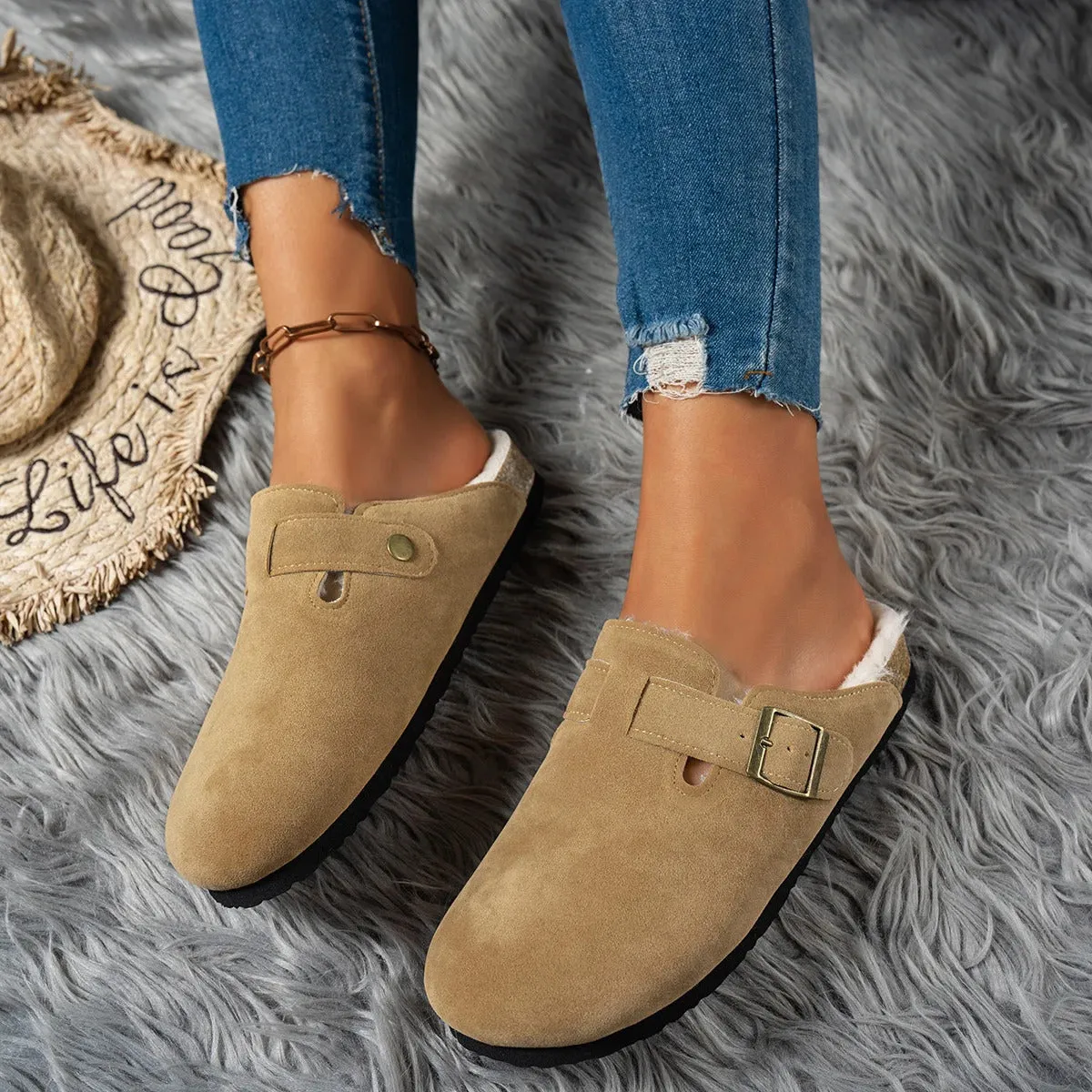 Comwarm Fur Lined Clogs for Women Men Winter Fuzzy Cork Slippers Fur Cork Mules Short Plush House Cork Shoes Winter Zuecos Mujer