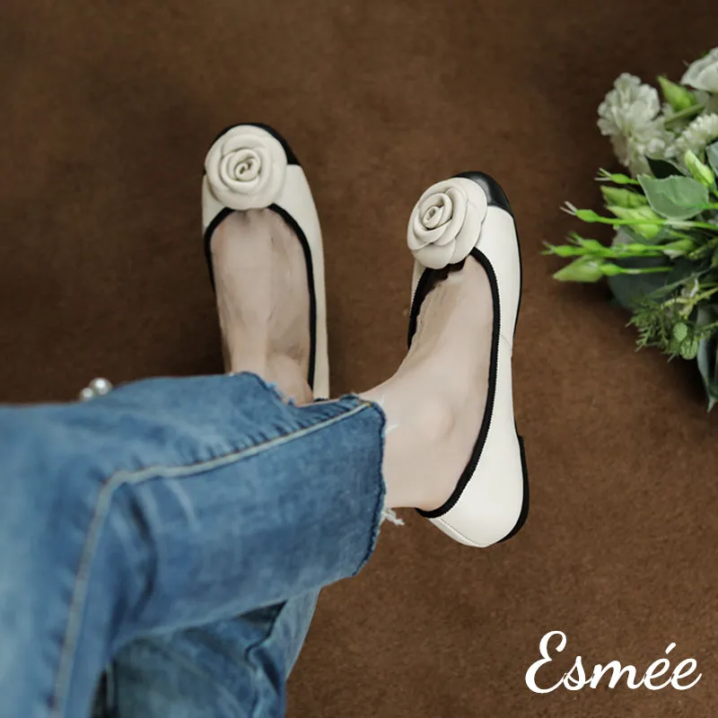 Leather Flats with Rosebud Design
