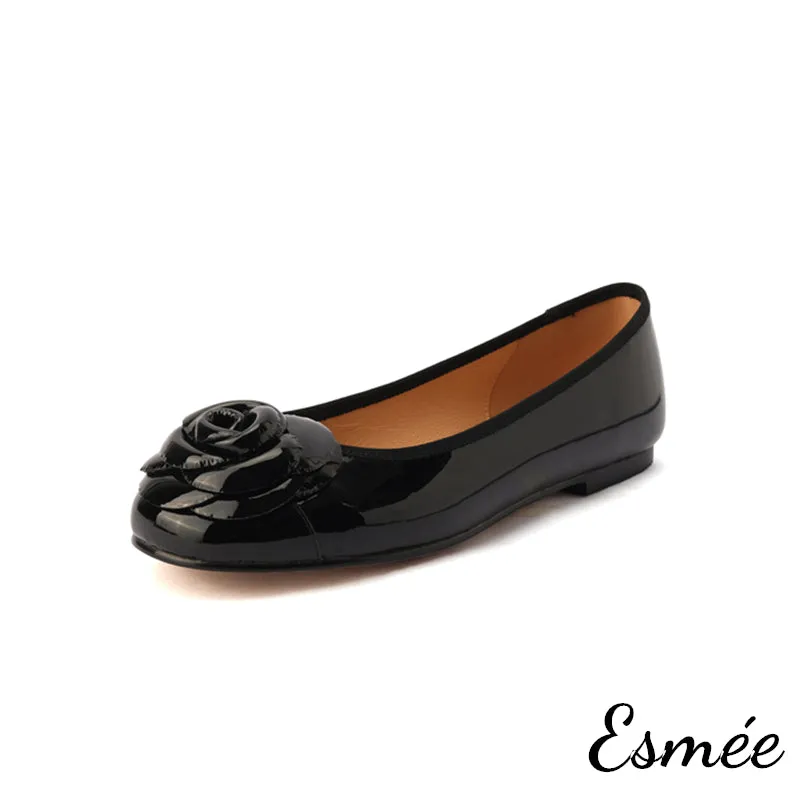 Leather Flats with Rosebud Design
