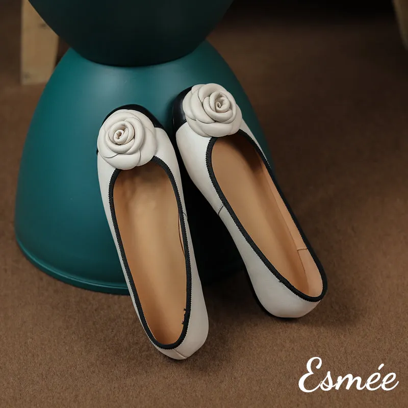Leather Flats with Rosebud Design