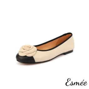 Leather Flats with Rosebud Design