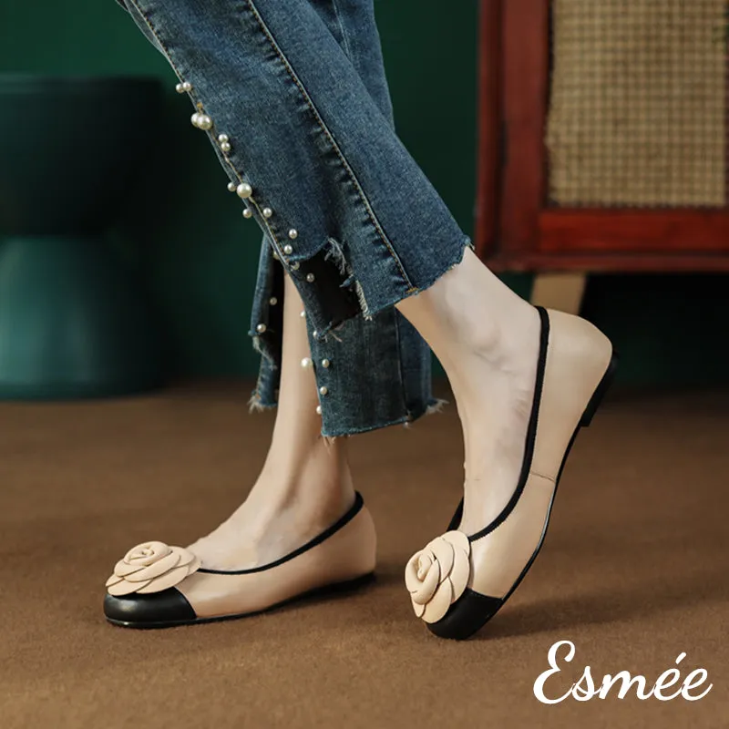 Leather Flats with Rosebud Design