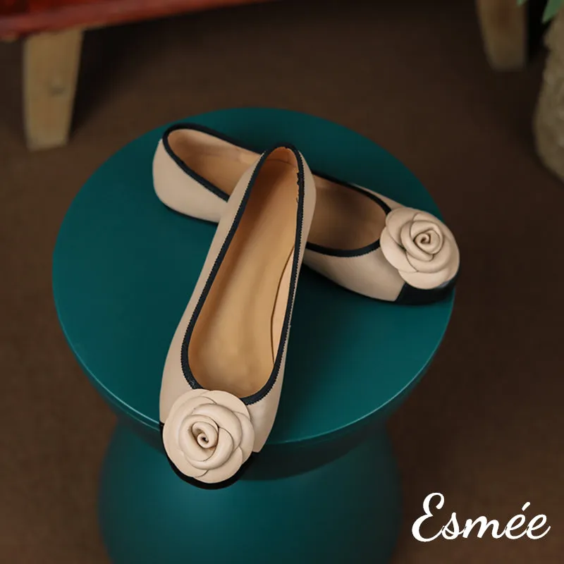 Leather Flats with Rosebud Design