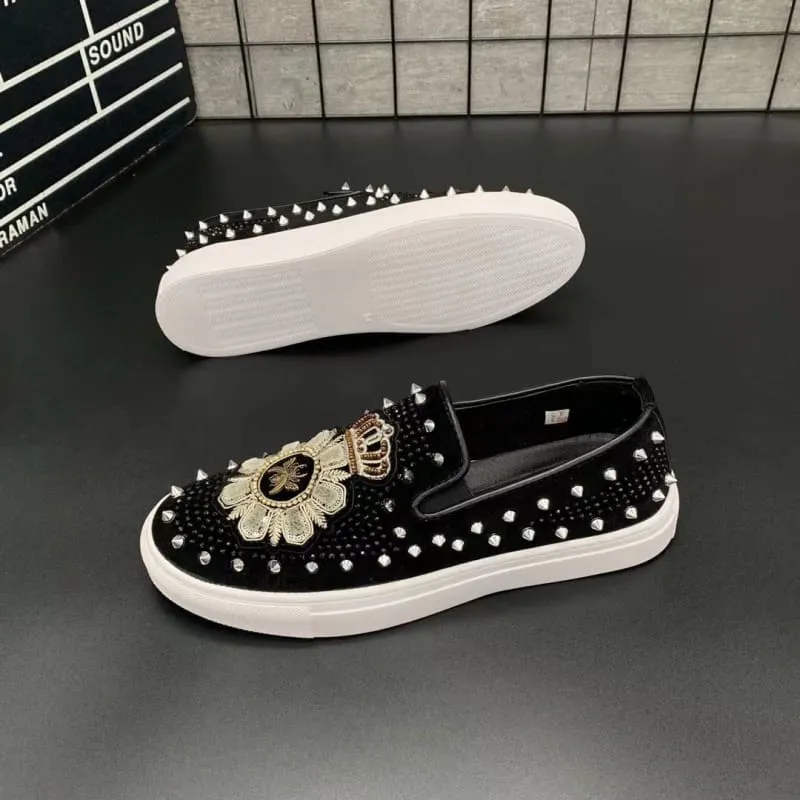 Men's Black Hot Diamond Leather Motif Slip-on Shoes with Gold Embroidery