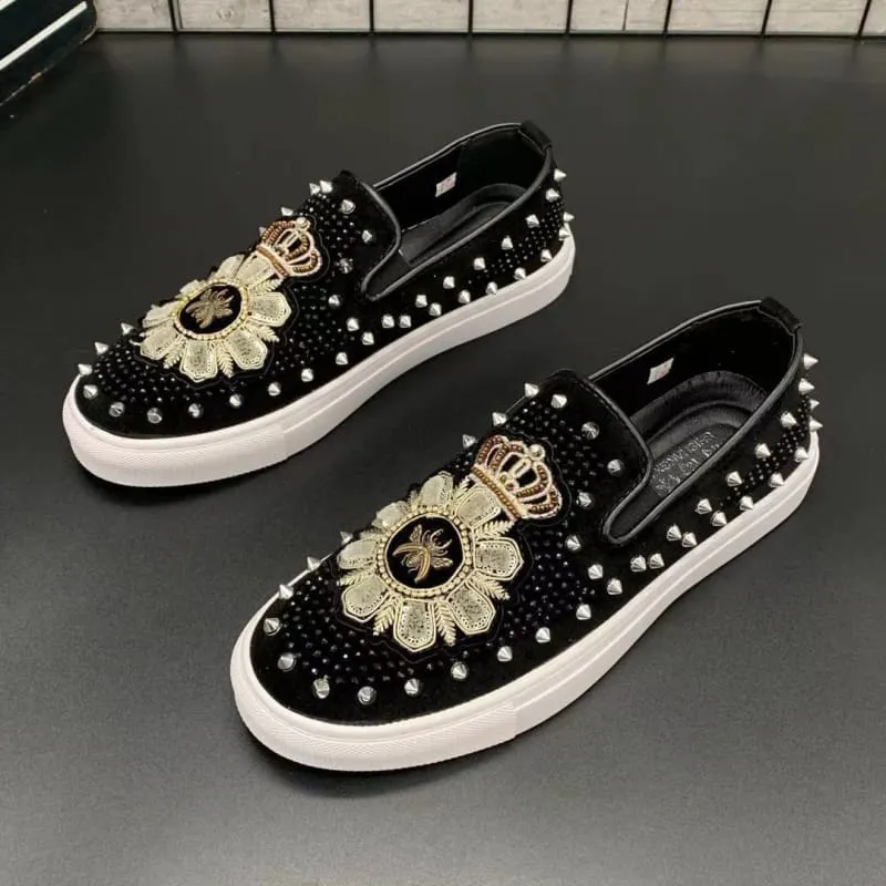 Men's Black Hot Diamond Leather Motif Slip-on Shoes with Gold Embroidery