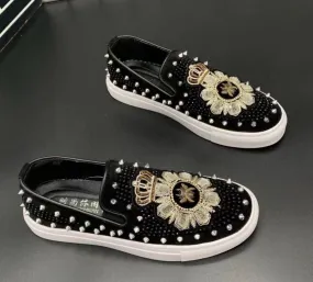 Men's Black Hot Diamond Leather Motif Slip-on Shoes with Gold Embroidery