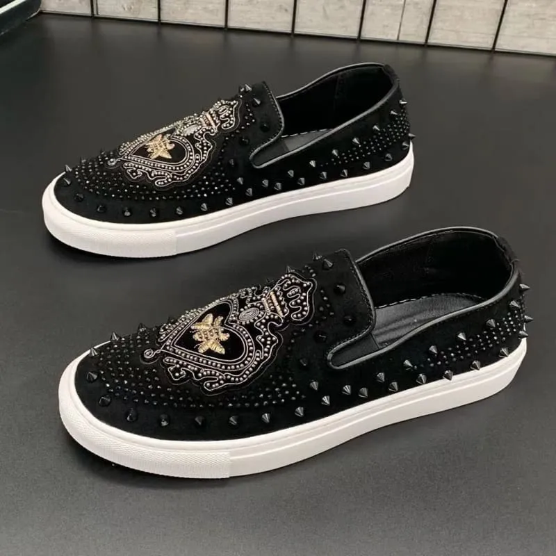 Men's Black Hot Diamond Leather Motif Slip-on Shoes with Gold Embroidery