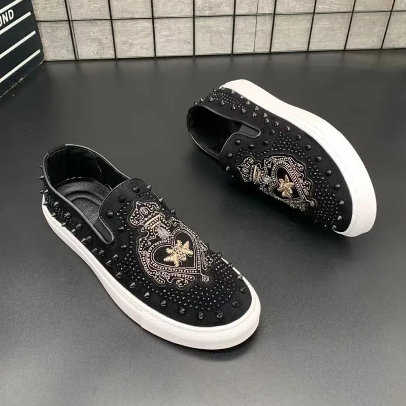 Men's Black Hot Diamond Leather Motif Slip-on Shoes with Gold Embroidery