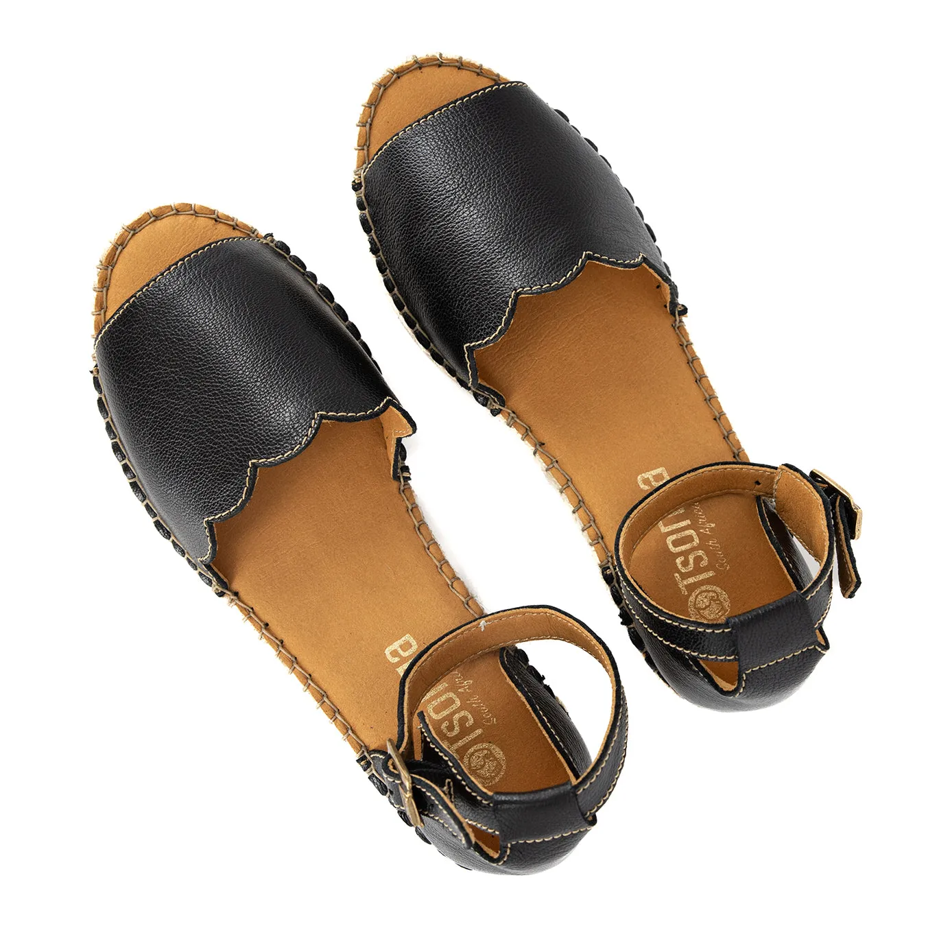 Pulika : Ladies Leather Wedge Espadrille in Black Cayak