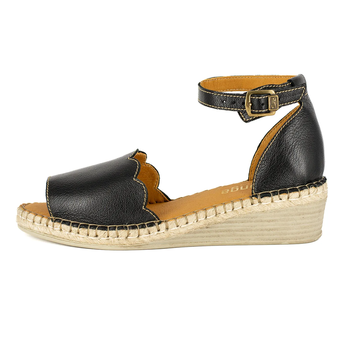 Pulika : Ladies Leather Wedge Espadrille in Black Cayak